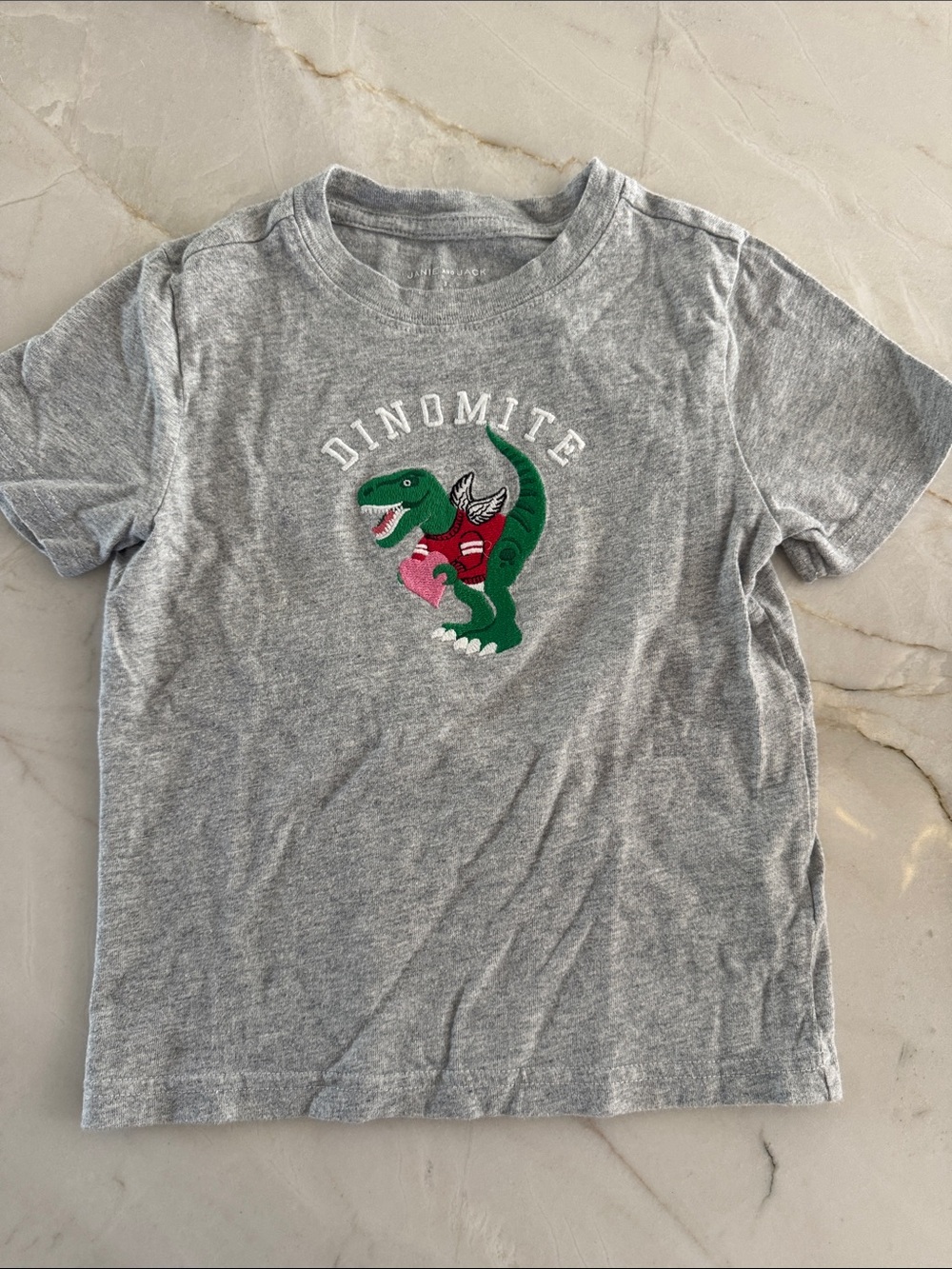 Janie and Jack Gray Tee with Green Dinosaur Patch and Pink Accent